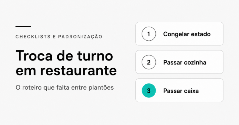 Capa do artigo sobre checklist de troca de turno em restaurante. Apresenta os três primeiros passos essenciais: congelar o estado da operação, passar a cozinha e passar o caixa.