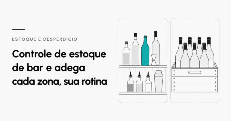 Dois cilindros de garrafa lado a lado representando balcão com garrafas abertas e xaropes versus adega com garrafas lacradas, cada um em sua coluna, ilustrando as duas zonas distintas de controle de estoque de bar