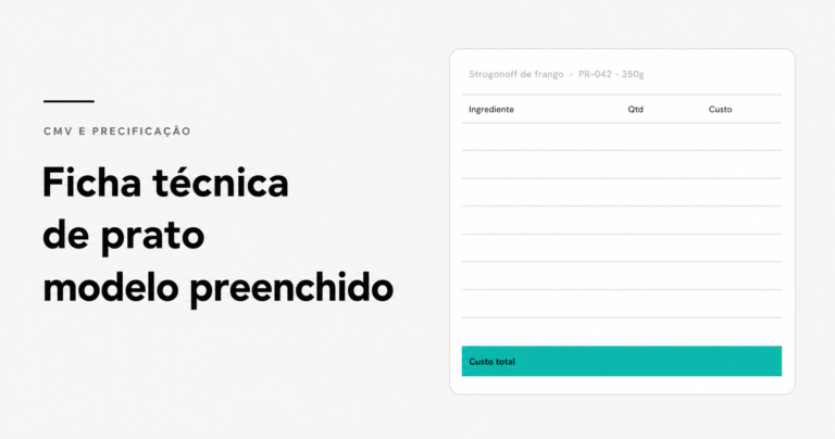 Modelo de ficha técnica de prato exibido em prancheta com campos de ingrediente, quantidade de compra, quantidade por porção e custo total da porção destacado em destaque visual