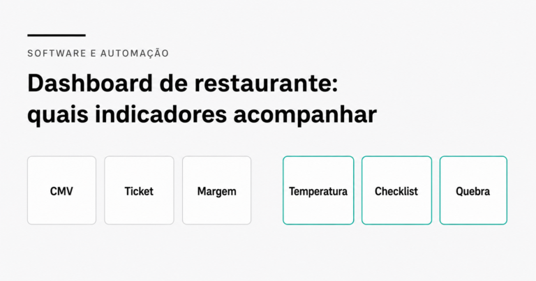 Indicadores de dashboard separados em dois grupos: financeiros à esquerda com CMV, ticket médio e margem; operacionais à direita destacados em teal com conformidade de temperatura, checklists críticos e quebra de estoque