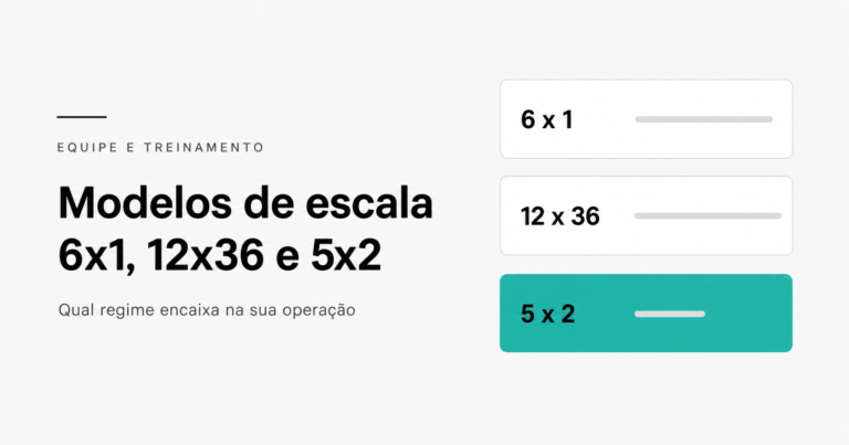 Comparação dos três modelos de escala: 6x1 (6 dias trabalho, 1 folga), 12x36 (12 horas trabalho, 36 horas descanso) e 5x2 (5 dias trabalho, 2 folgas)