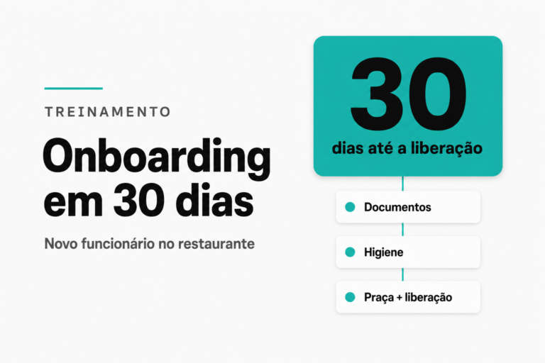 Capa editorial do onboarding de novo funcionário no restaurante: título Onboarding em trinta dias, cartão com trinta dias até a liberação e etapas Documentos, Higiene e Praça com liberação.