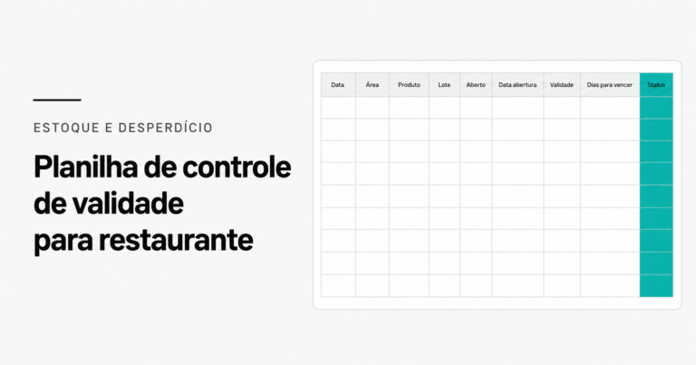 Interface de planilha em Excel com cabeçalho de colunas: Data, Área, Produto, Lote, Aberto, Data abertura, Validade, Dias para vencer, Status. A coluna Status está destacada em teal, representando o controle diário de validade de ingredientes