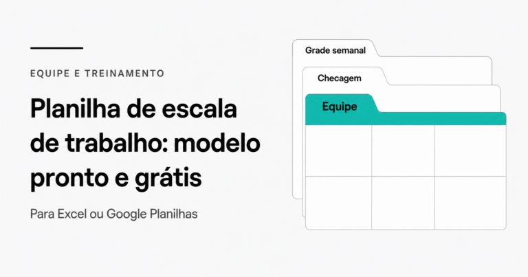 Planilha de escala com três abas: Equipe, Grade Semanal e Checagem, sobrepostas em perspectiva mostrando a estrutura de um arquivo Excel ou Google Planilhas