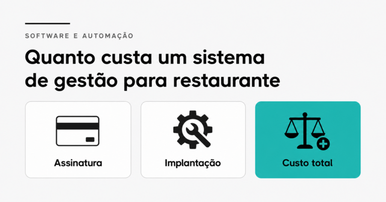 Três componentes principais de custo de um sistema de gestão: assinatura mensal ou anual, hardware como tablet e periféricos, e implantação com setup