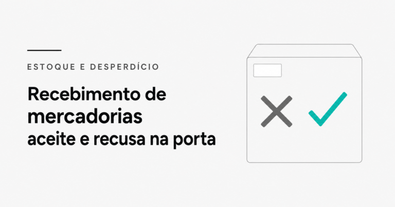 Caixa de papelão com dois símbolos na frente: um X em vermelho representando recusa e um checkmark em teal representando aceite, com uma etiqueta branca indicando nota fiscal, simbolizando a decisão na porta da cozinha