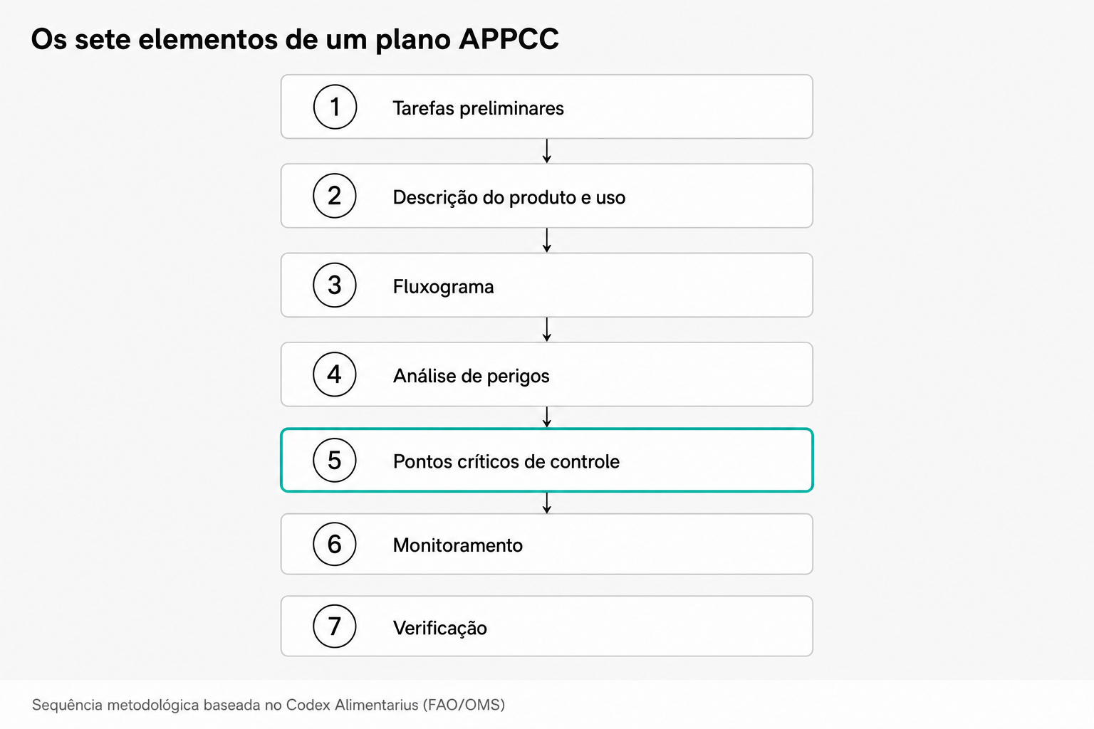 Diagrama das sete etapas metodológicas sequenciais do plano APPCC conectadas por setas: Tarefas Preliminares, Descrição do Produto e Uso, Fluxograma, Análise de Perigos, Pontos Críticos de Controle, Monitoramento e Verificação, com o quinto elemento (Pontos Críticos) destacado em teal