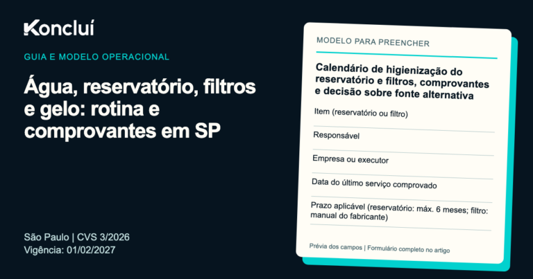 Modelo operacional da Koncluí para água, reservatório, filtros e gelo: rotina e comprovantes em SP, com prévia dos campos para preencher.