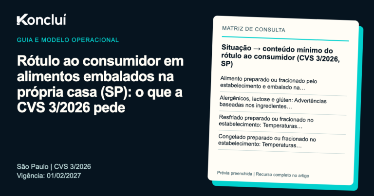 Modelo operacional da Koncluí para rótulo ao consumidor em alimentos embalados na própria casa (SP): o que a CVS 3/2026 pede, com prévia dos campos para preencher.