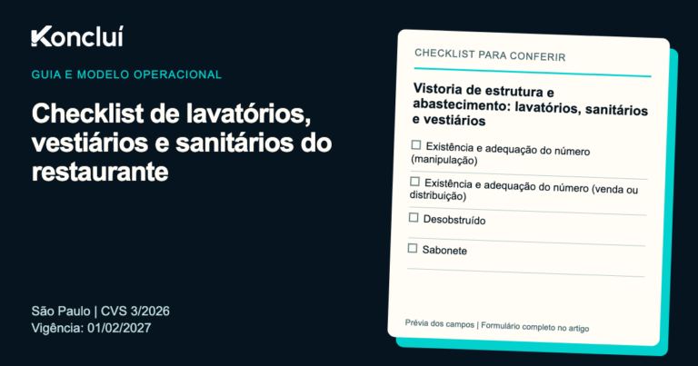 Modelo operacional da Koncluí para checklist de lavatórios, vestiários e sanitários do restaurante, com prévia dos campos para preencher.