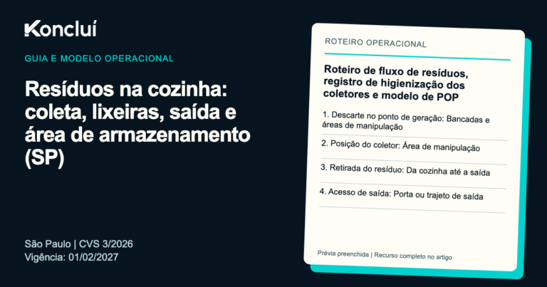 Modelo operacional da Koncluí para resíduos na cozinha: coleta, lixeiras, saída e área de armazenamento (SP), com prévia dos campos para preencher.