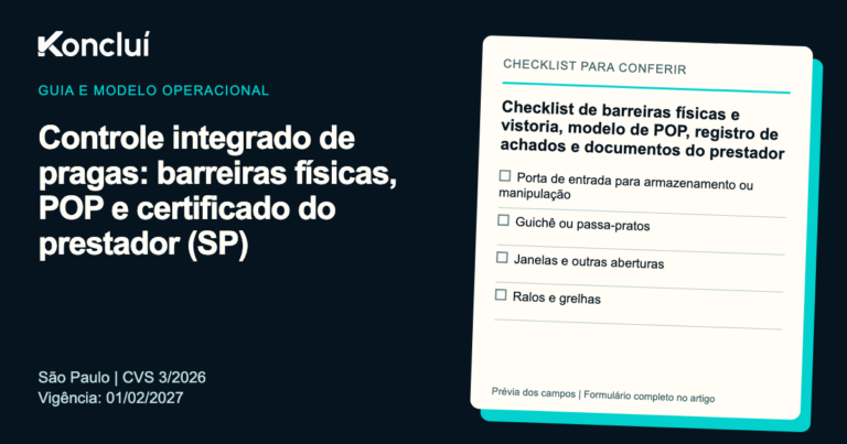 Modelo operacional da Koncluí para controle integrado de pragas: barreiras físicas, POP e certificado do prestador (SP), com prévia dos campos para preencher.