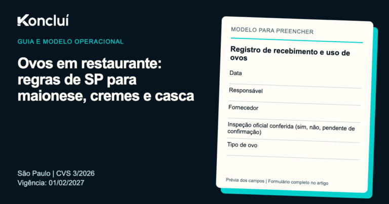 Modelo operacional da Koncluí para ovos em restaurante: regras de SP para maionese, cremes e casca, com prévia dos campos para preencher.