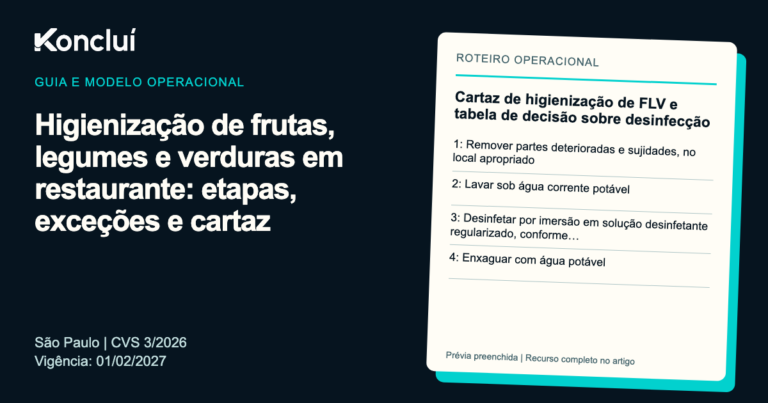Modelo operacional da Koncluí para higienização de frutas, legumes e verduras em restaurante: etapas, exceções e cartaz, com prévia dos campos para preencher.