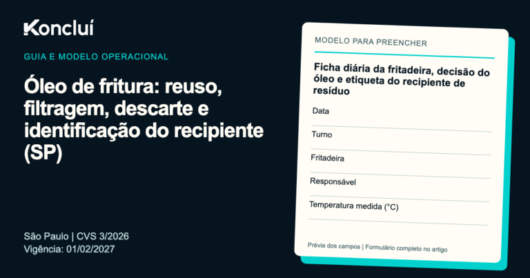 Modelo operacional da Koncluí para óleo de fritura: reuso, filtragem, descarte e identificação do recipiente (SP), com prévia dos campos para preencher.